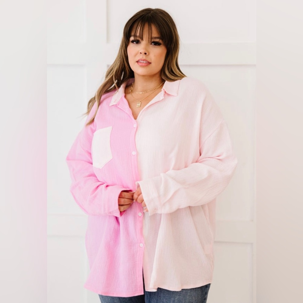 AMOLI Pinky Promise Color Block Button Down Shirt NWT Size 3X